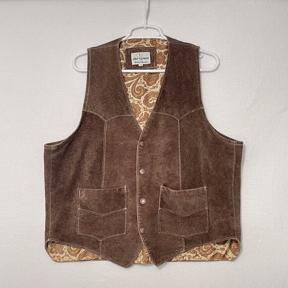 Simco Supreme Genuine Leather Vest Mens Size 46 Brown 4 Snaps Paisley Lined USA - Picture 1 of 12